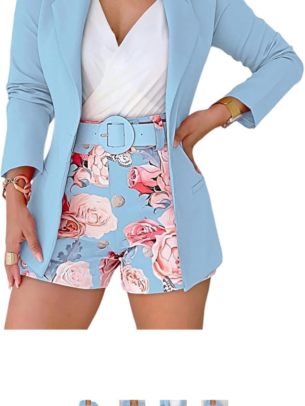 Floral High-Waist Belted Shorts in Light Blue